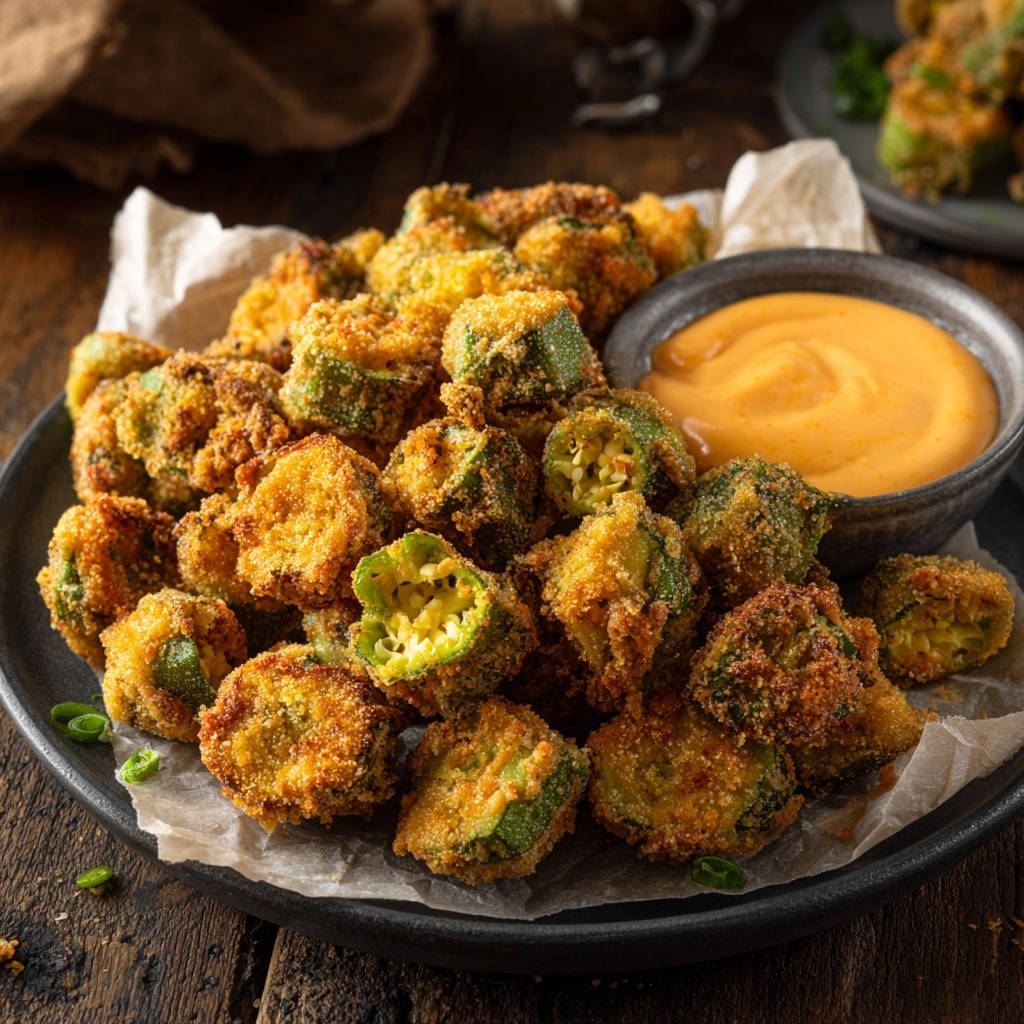 Crispy Southern fried okra with a thick dipping sauce in a dark bowl on a wooden table.