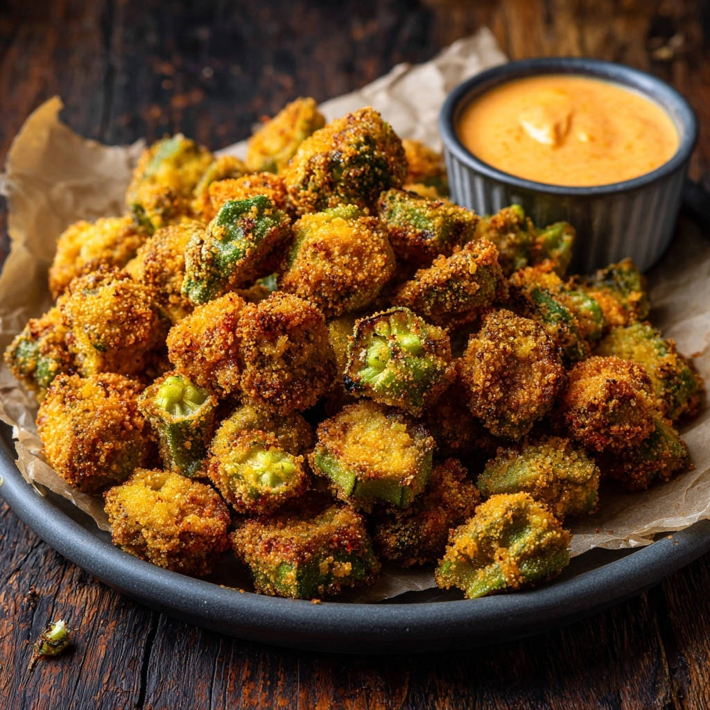 Crispy Southern fried okra piled high next to a small bowl of dipping sauce on parchment paper.