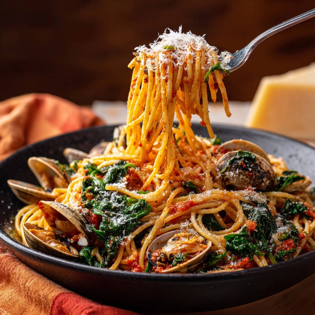 Spaghetti with clams and spinach being lifted by a fork, topped with shredded Parmesan cheese.