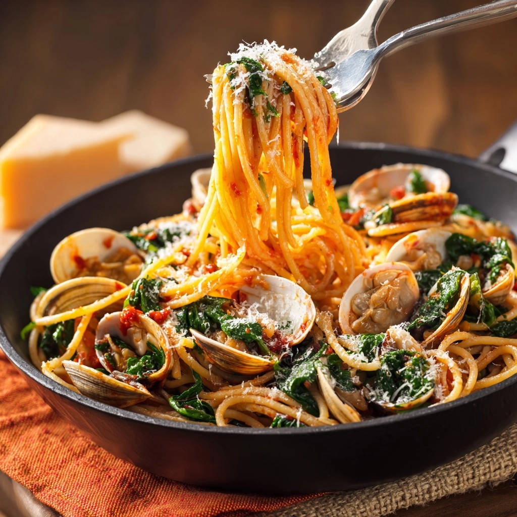 Spaghetti with clams and spinach being twirled onto a fork from a glossy sauce in a pan.