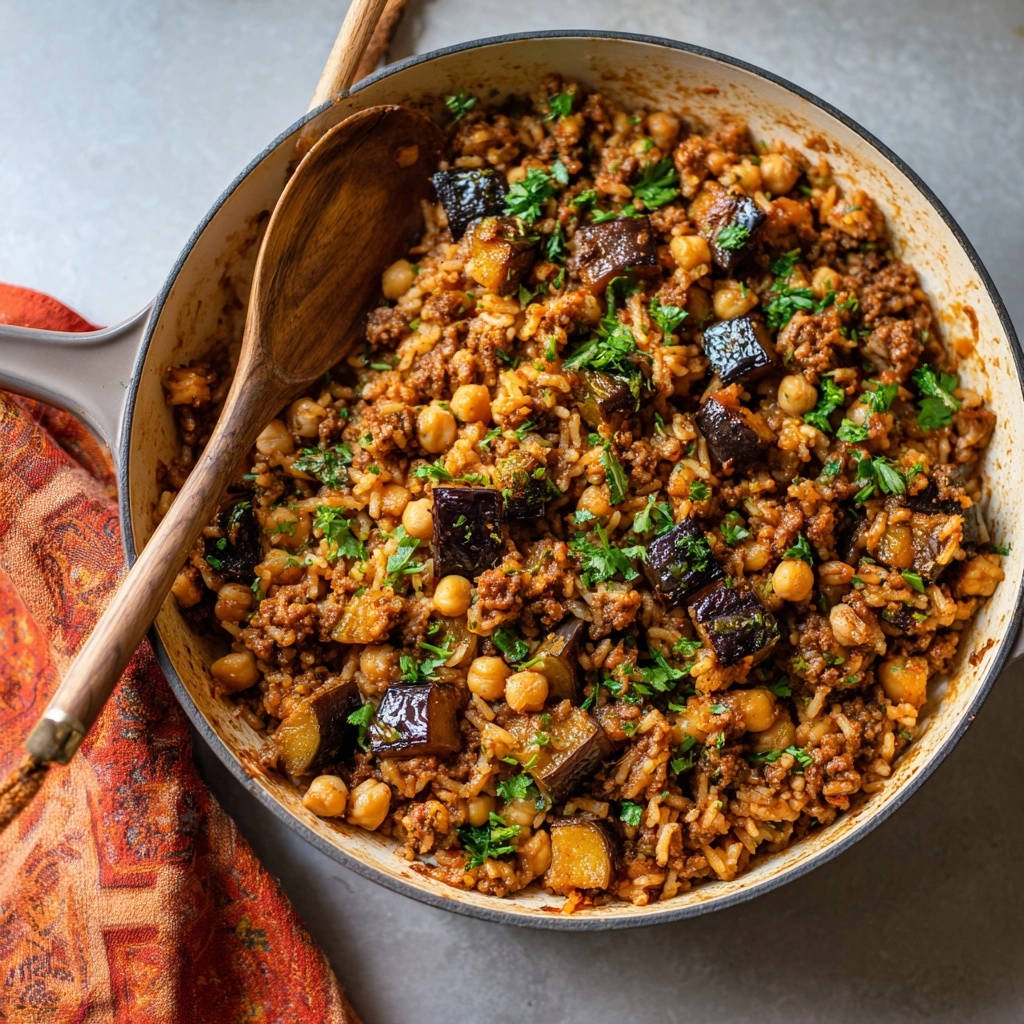 Hearty one-pan spiced rice with eggplant served in a skillet with a wooden spoon, overhead view.