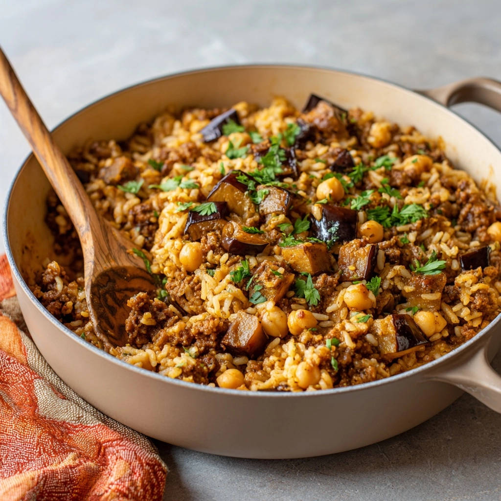 Hearty one-pan spiced rice with eggplant shown in a close-up pan view with a wooden spoon.