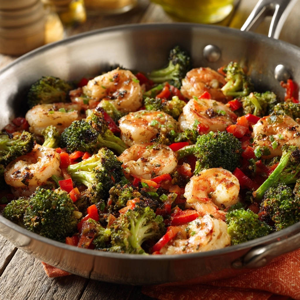 Spicy skillet shrimp and broccoli shown in a close-up view within a stainless steel pan.