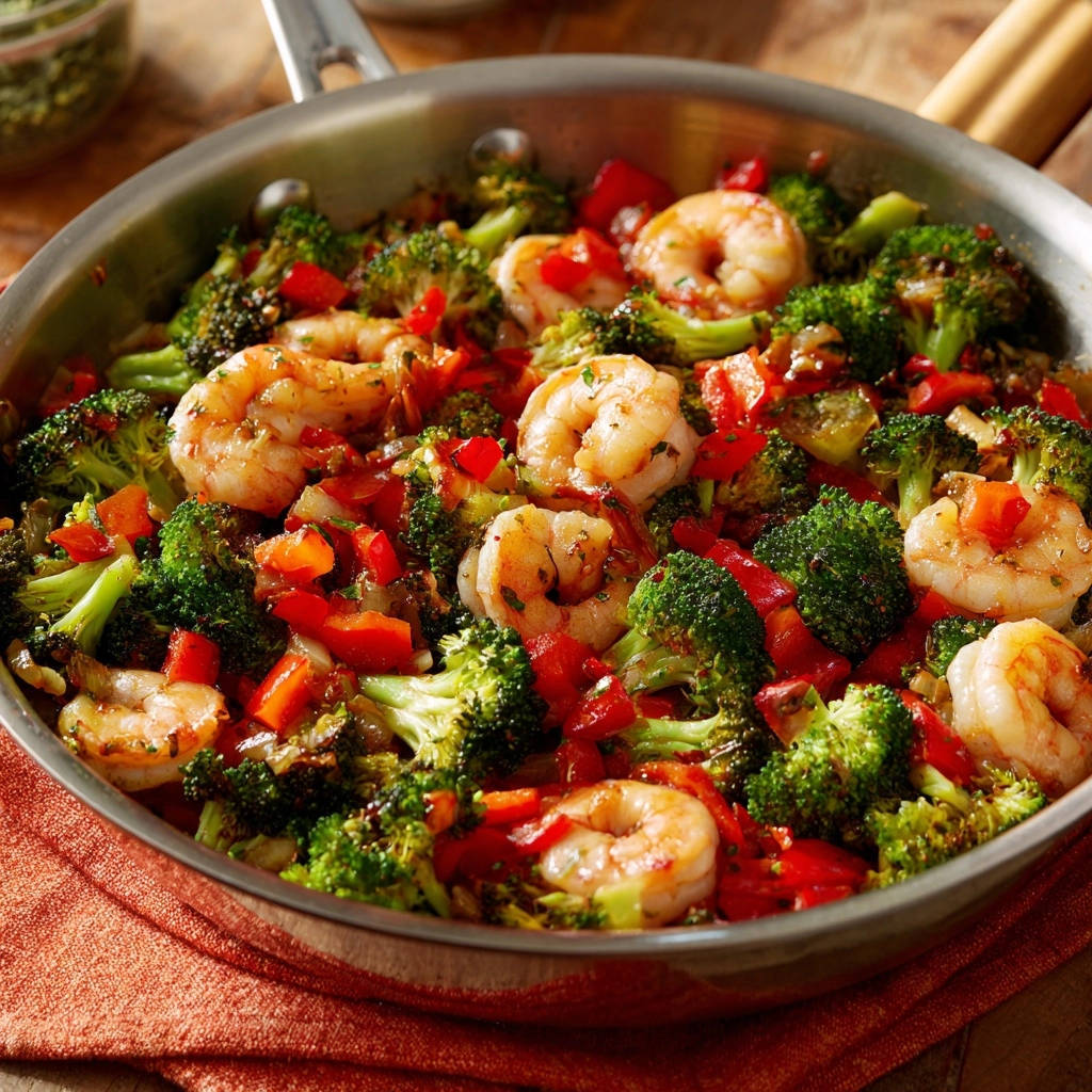 Spicy skillet shrimp and broccoli shown in a pan with an overhead close-up view of the ingredients.