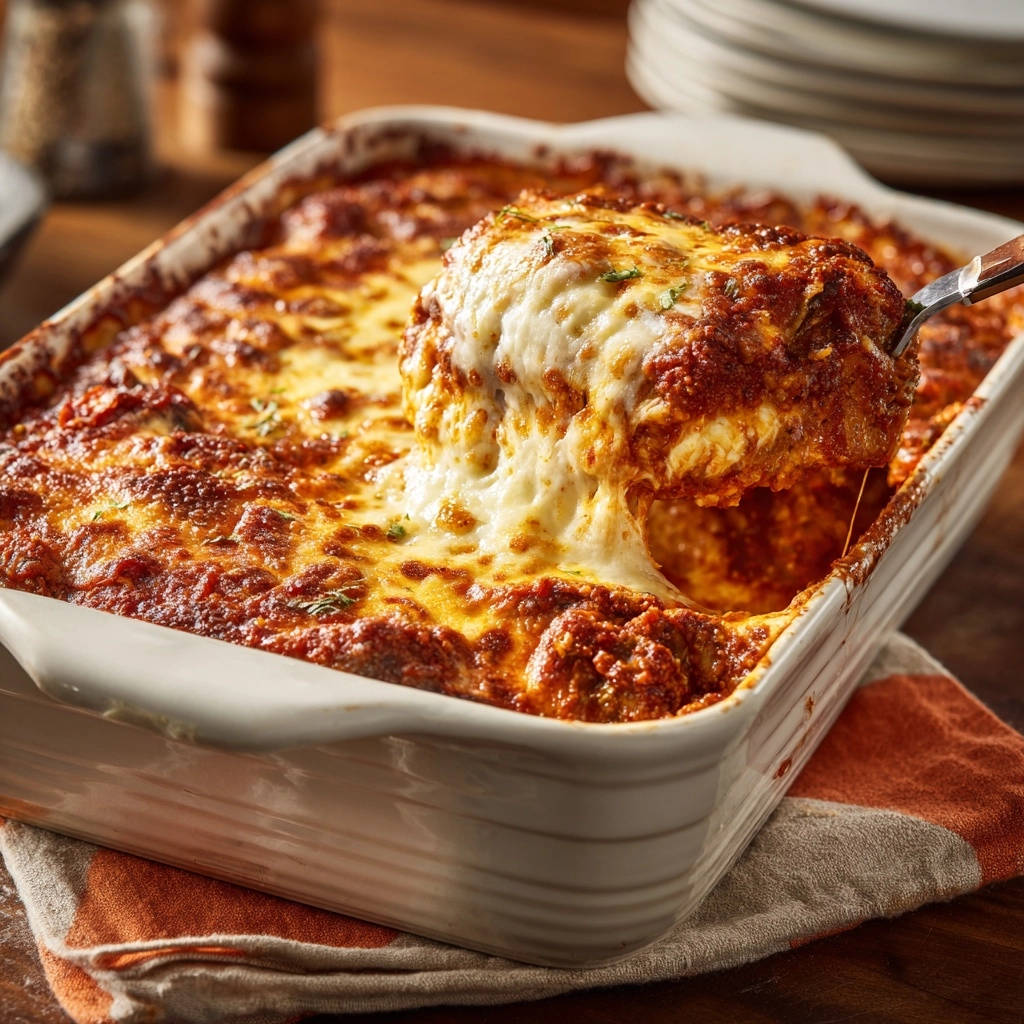 Stacked eggplant parmesan showing a cheesy pull as a serving is lifted from the baking dish.