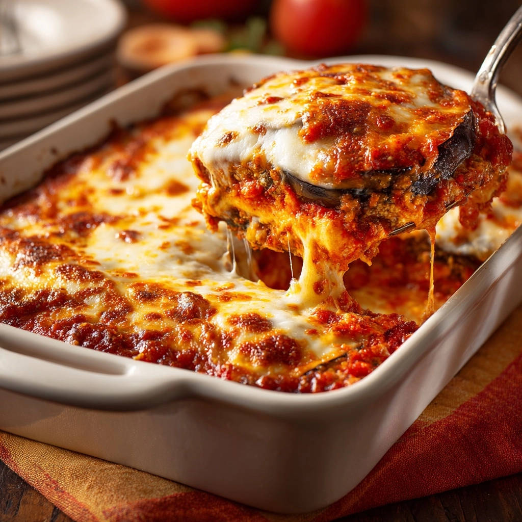 Stacked eggplant parmesan shown as a cheesy slice is lifted from the baking dish, revealing layers of eggplant and marinara.