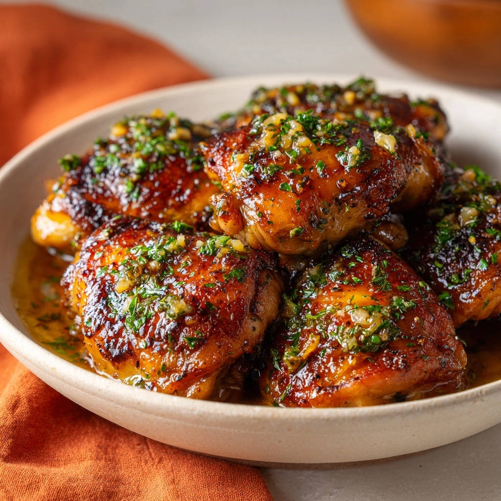 Sticky garlic herb chicken wings are glistening with a rich glaze and fresh parsley in a close-up view.