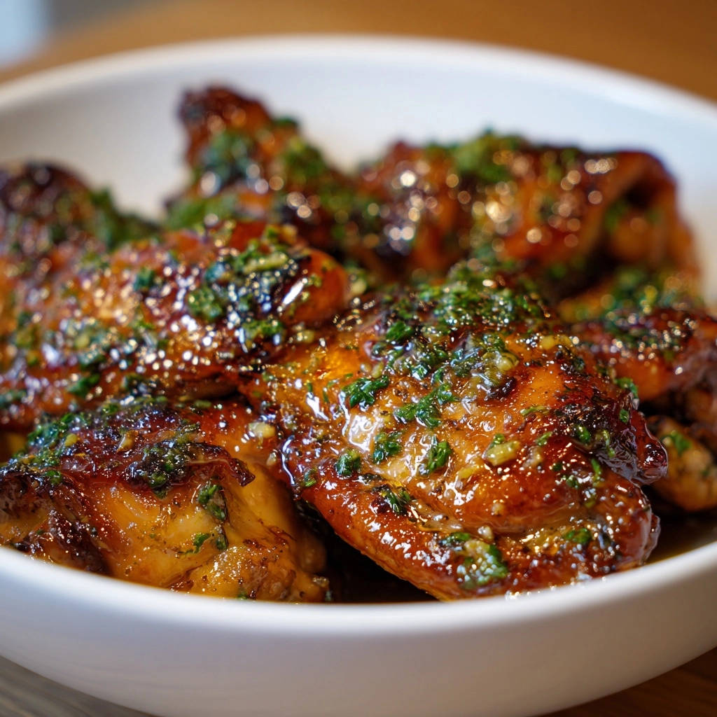 Sticky garlic herb chicken wings coated in a glistening glaze and fresh herbs, presented in a white bowl.