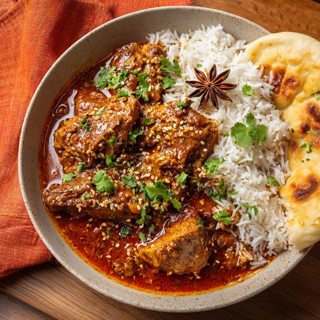 Sticky glazed chicken served in a bowl with rice, naan, and fresh cilantro garnish.