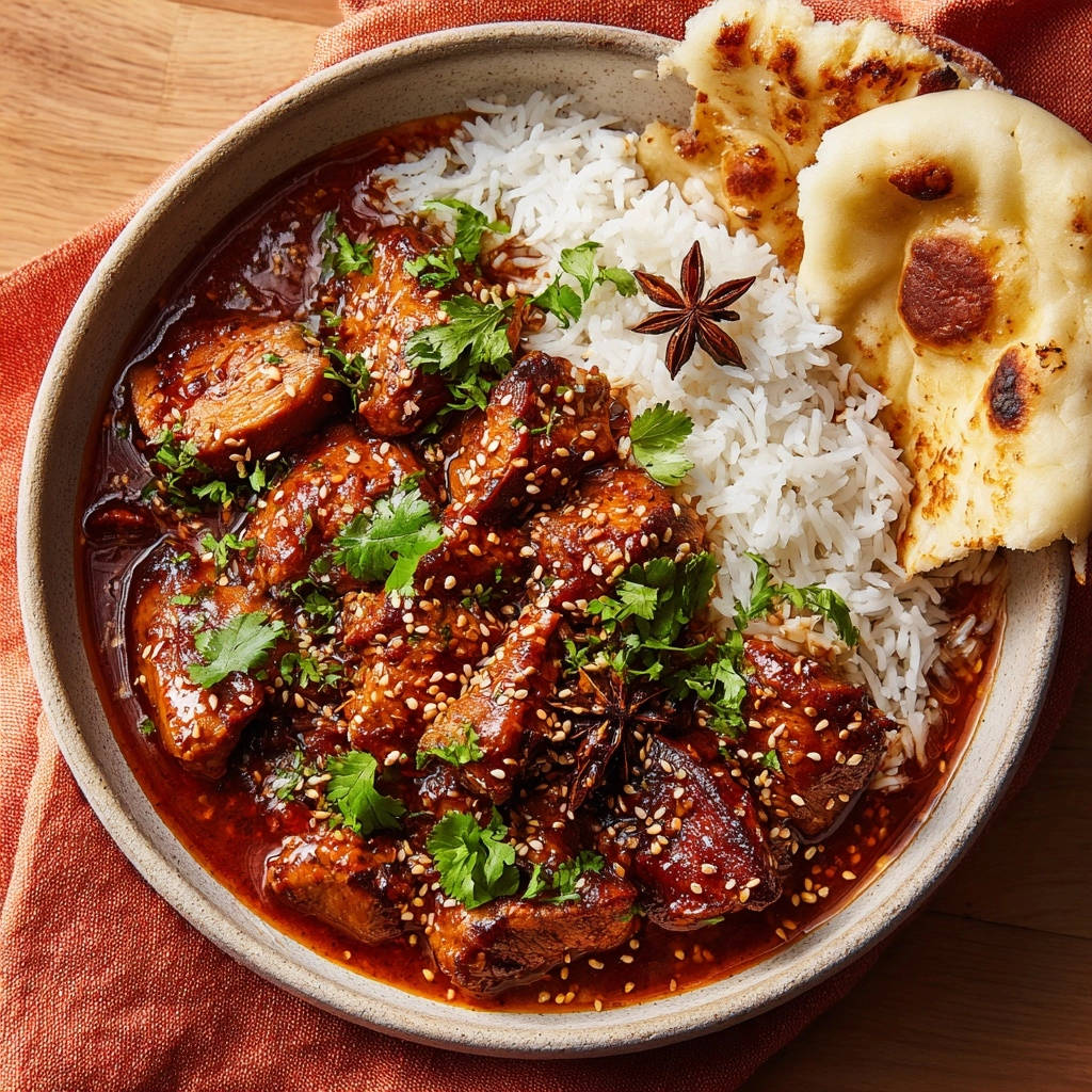 Sticky glazed chicken served in a bowl with rice, garnished with cilantro and a piece of naan bread.