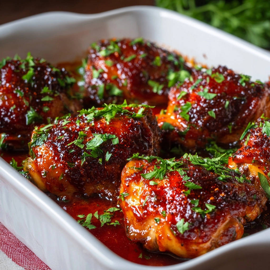 Sticky glazed chicken thighs glistening with sauce and fresh parsley, served in a white baking dish.
