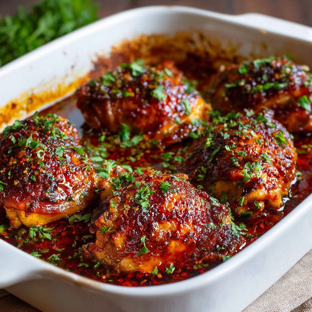 Sticky glazed chicken thighs in a white baking dish, glistening with sauce and sprinkled with parsley.