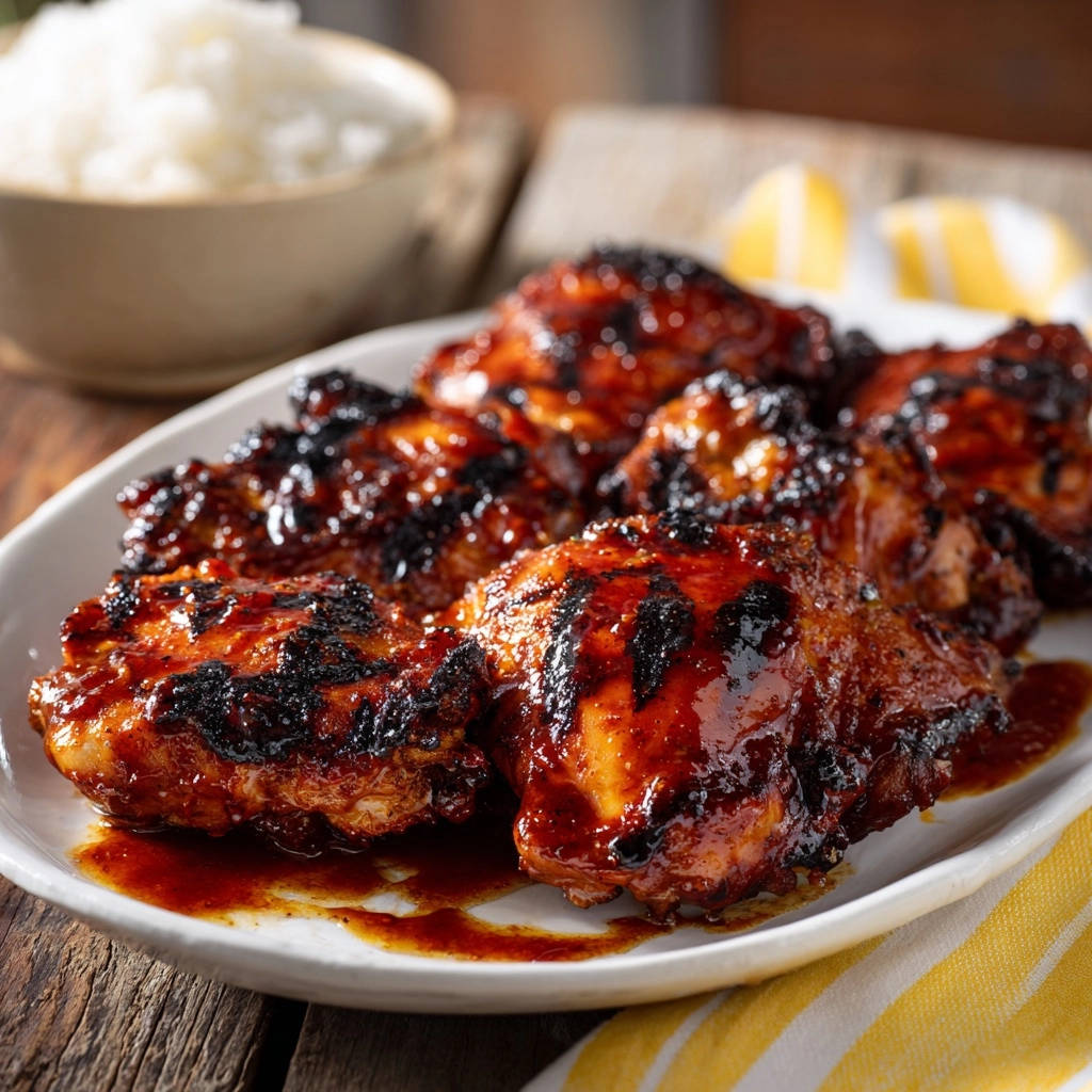Sticky glazed grilled chicken thighs with a glossy, caramelized char, glistening in sauce.