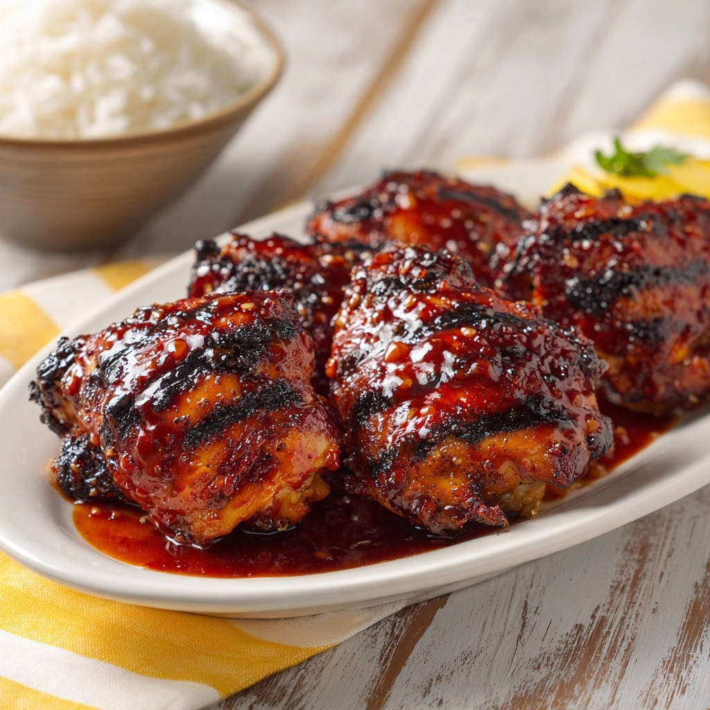 Sticky glazed grilled chicken thighs glistening with sauce on a white plate with a side of rice.