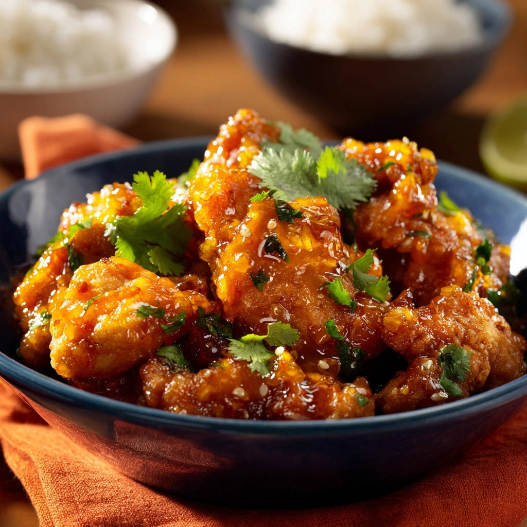 Sticky sesame ginger chicken served in a blue bowl, generously garnished with fresh cilantro and sesame seeds.