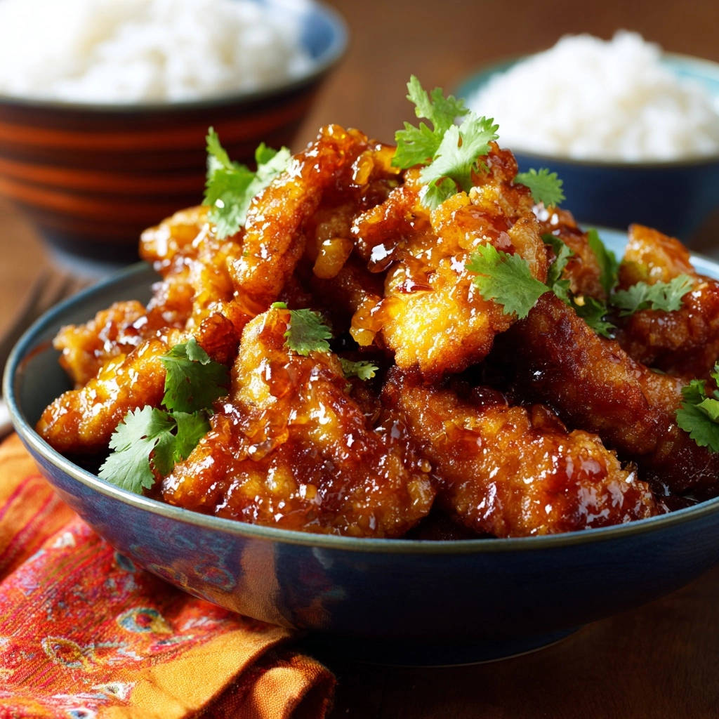 Sticky sesame ginger chicken with a glistening glaze and fresh cilantro garnish, shown in a close-up view.