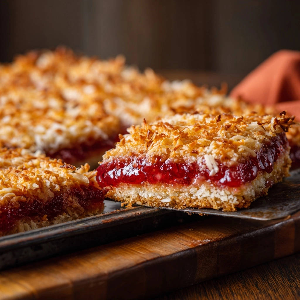 Strawberry coconut crumb bars showing a cross-section with jam filling and toasted coconut topping.