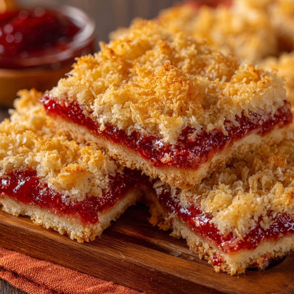 Strawberry coconut crumb bars shown in a close-up cross-section, highlighting the jam filling and crumb topping.