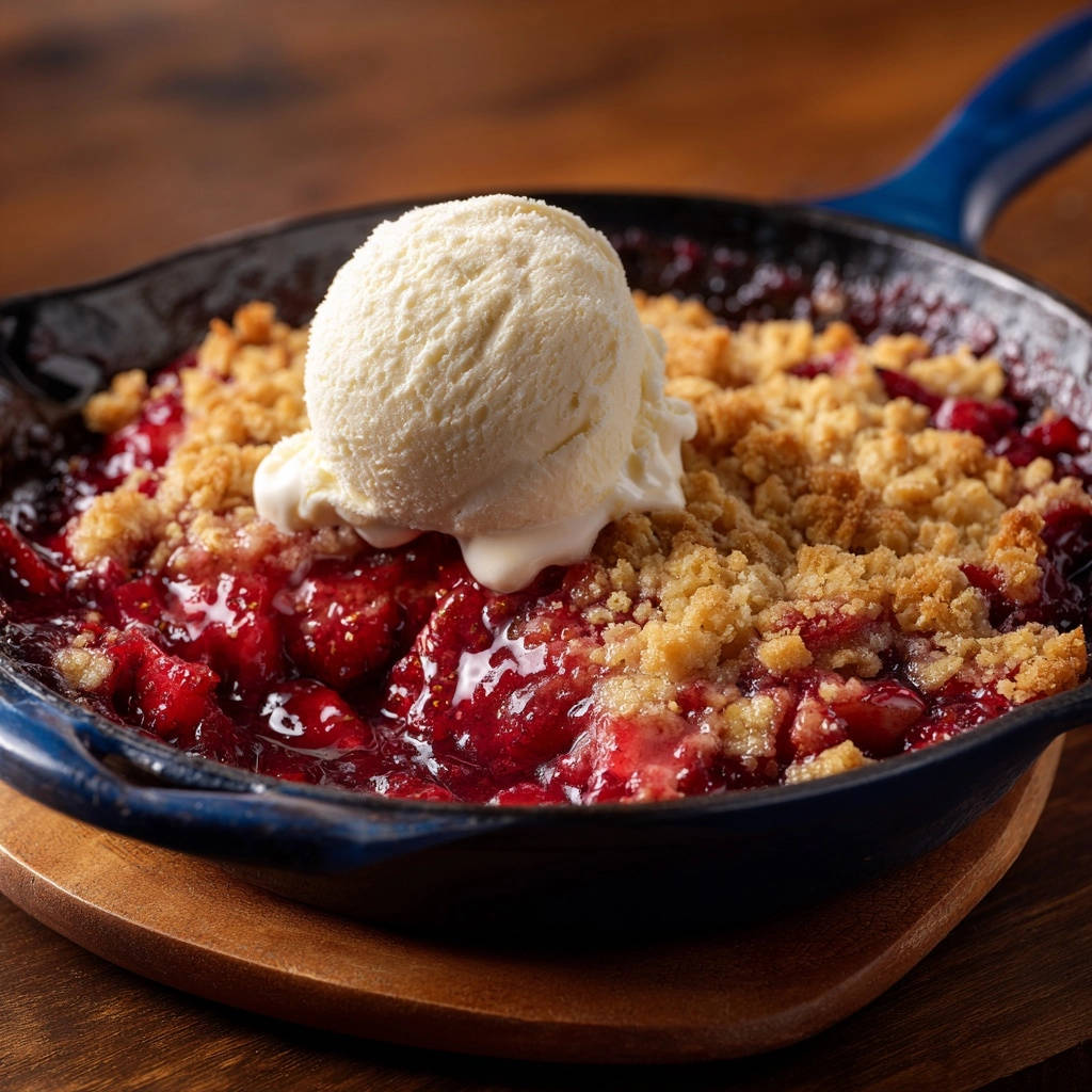 Easy strawberry skillet crumble served warm in a cast iron pan with a scoop of melting vanilla ice cream.
