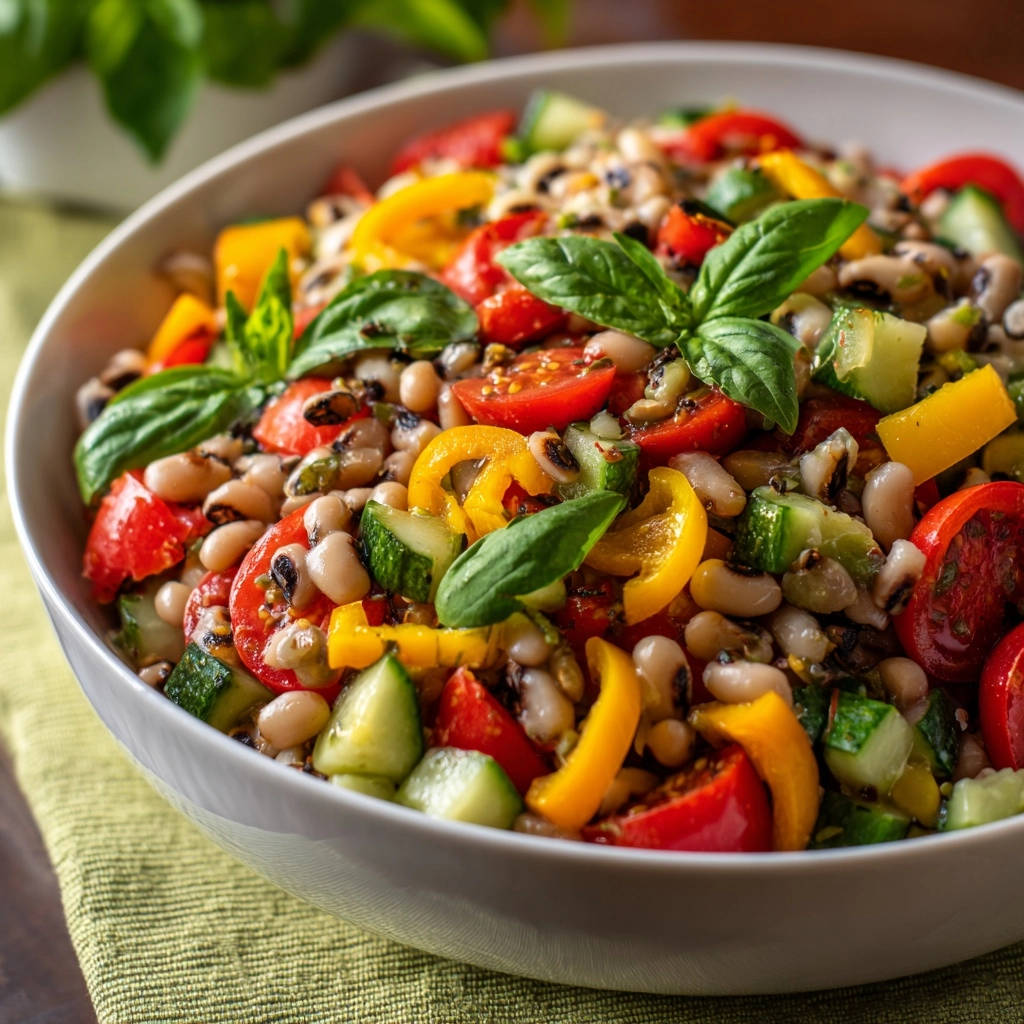 Summer black-eyed pea confetti salad in a white bowl, featuring chopped tomatoes, cucumbers, and bell peppers with fresh basil.