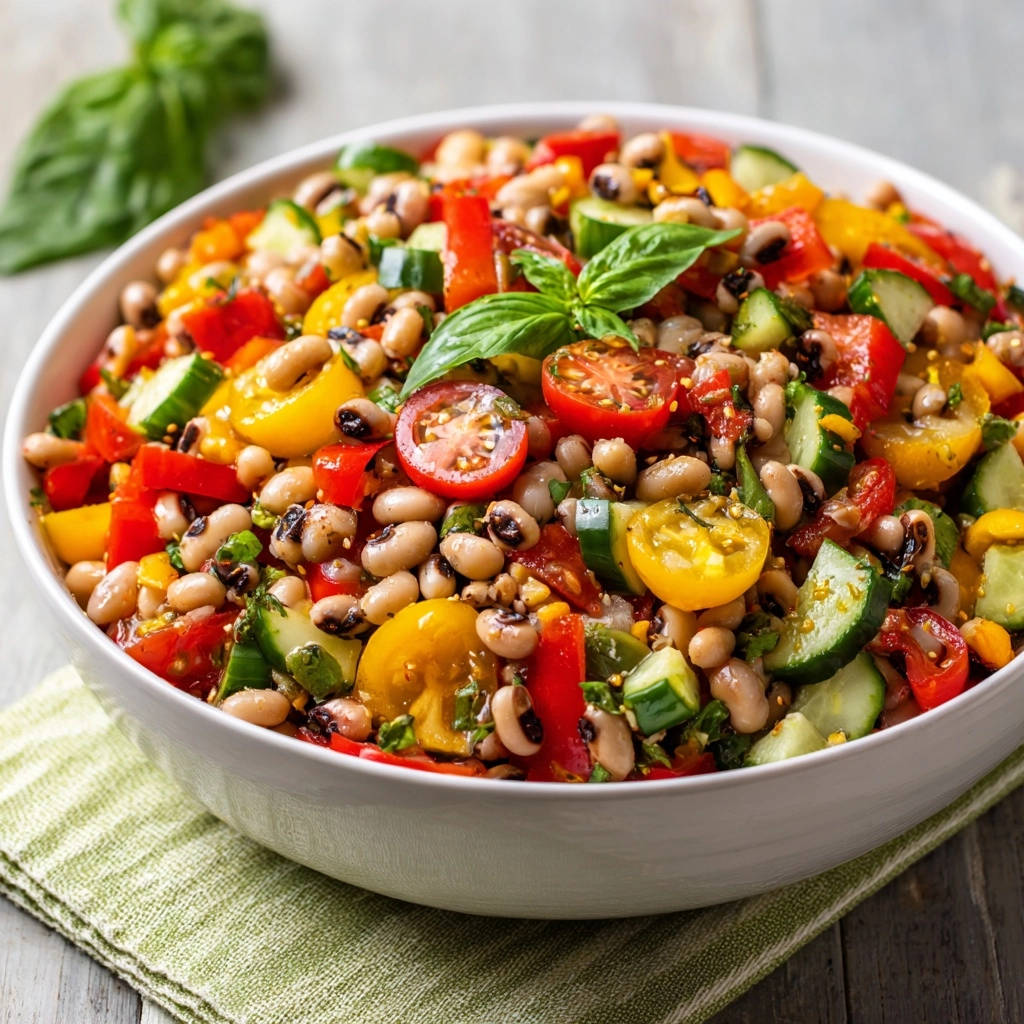 Summer black-eyed pea confetti salad in a white bowl, a close-up view showcasing the fresh vegetables and black-eyed peas.