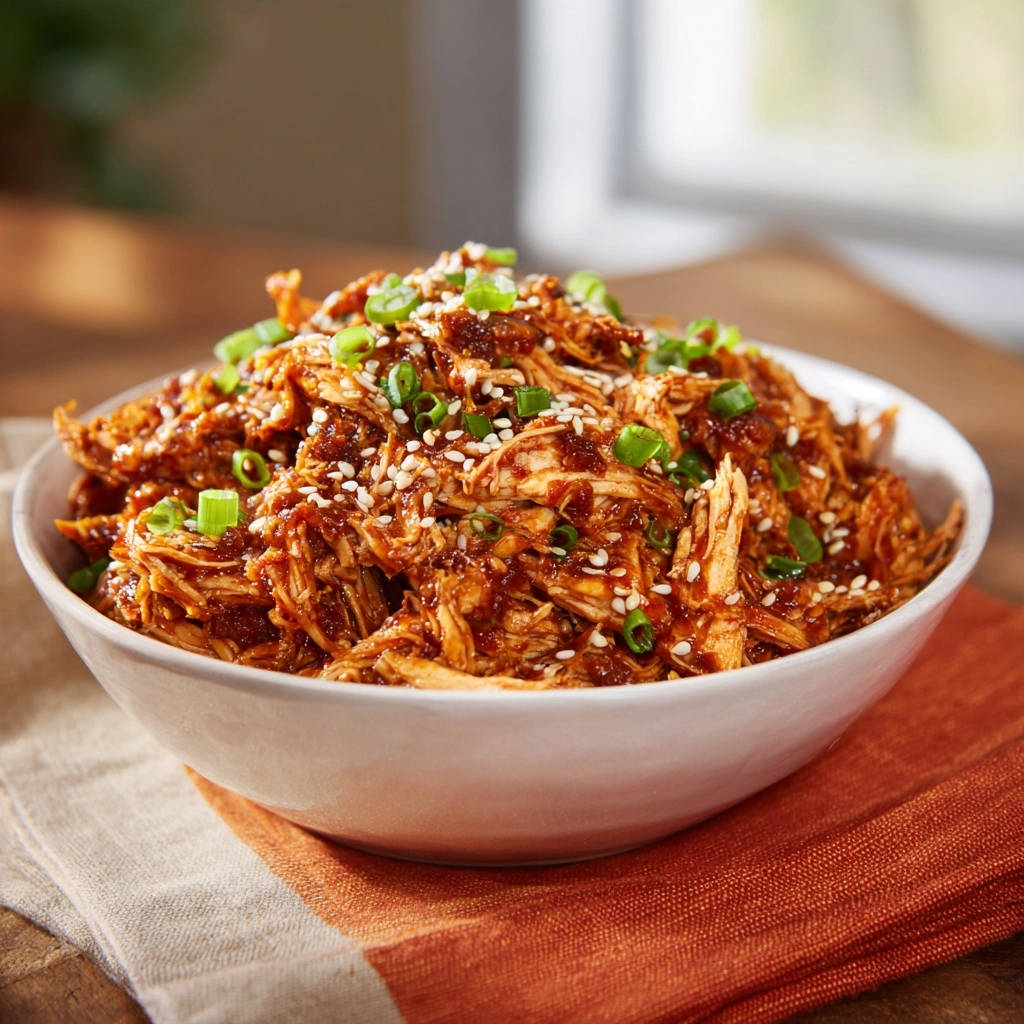 Sweet & Savory Shredded Chicken served in a bowl, generously garnished with sesame seeds and chopped green onions.