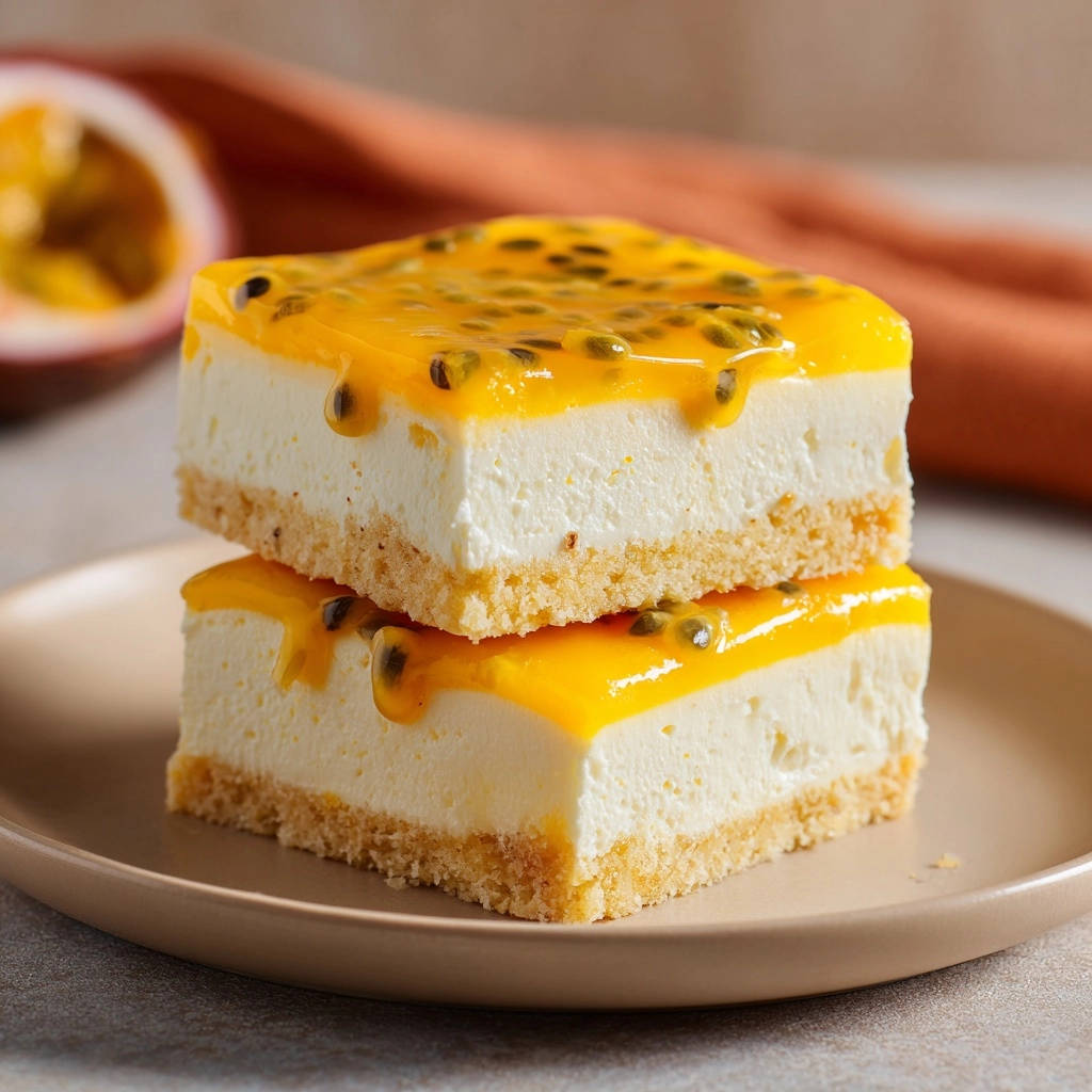 Tropical passion fruit cheesecake bars, a close-up of two stacked bars topped with passion fruit glaze and seeds.