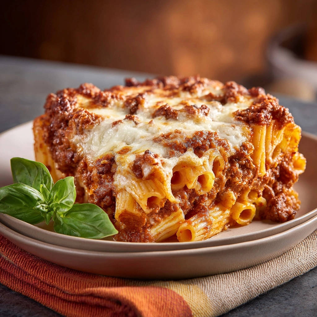 Ultimate Baked Rigatoni plated slice with a fresh basil garnish, showcasing the cheesy pasta interior.