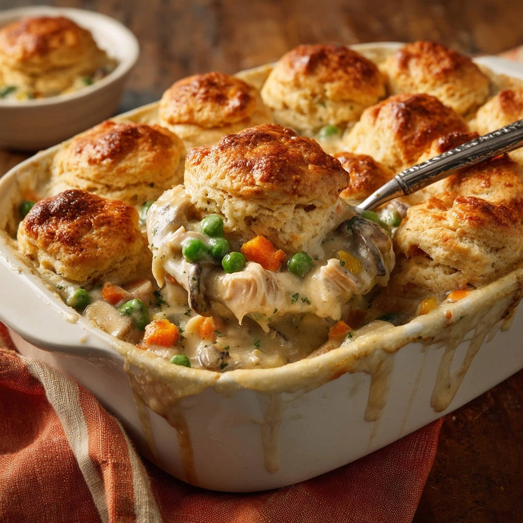 Ultimate biscuit-topped chicken pot pie with a spoonful being lifted, showing golden biscuits and creamy filling.