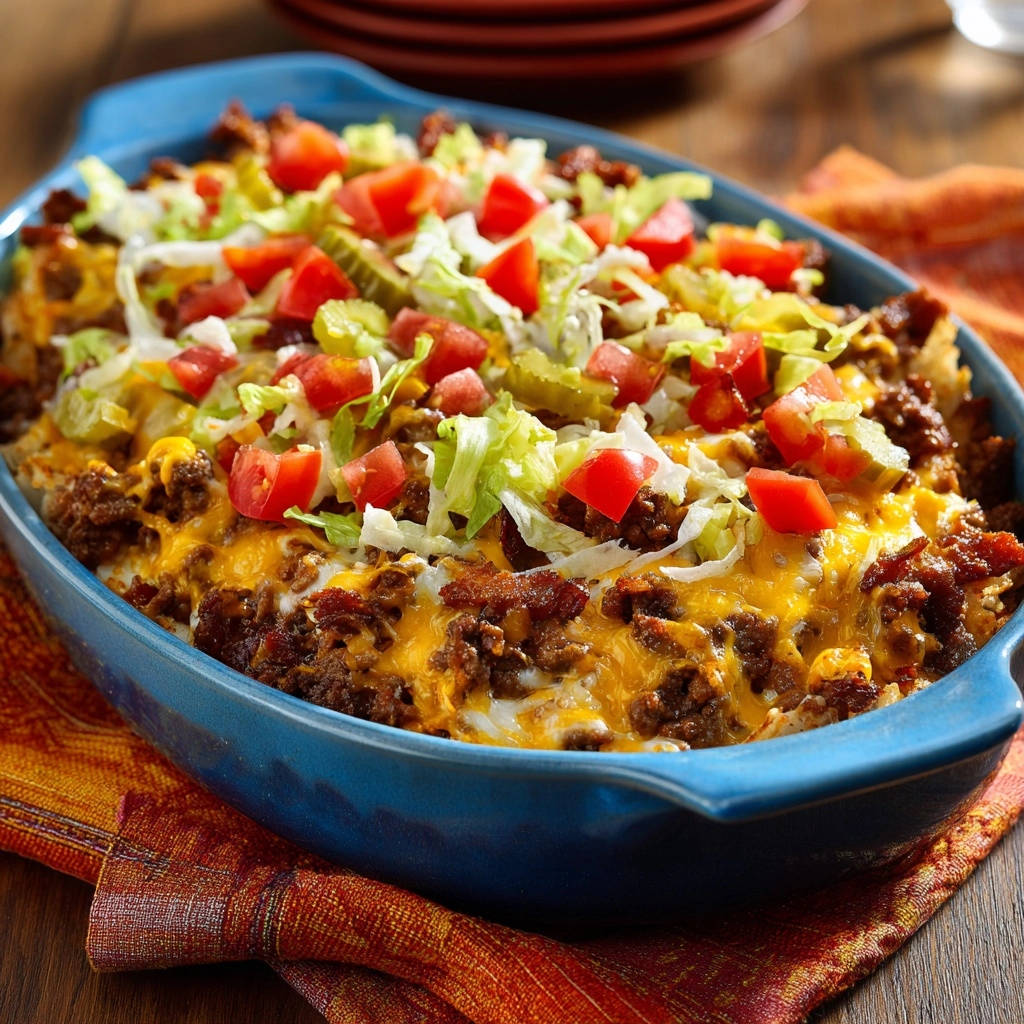 Ultimate Cheeseburger Bake presented in a blue dish, generously topped with fresh lettuce, tomatoes, and pickles.