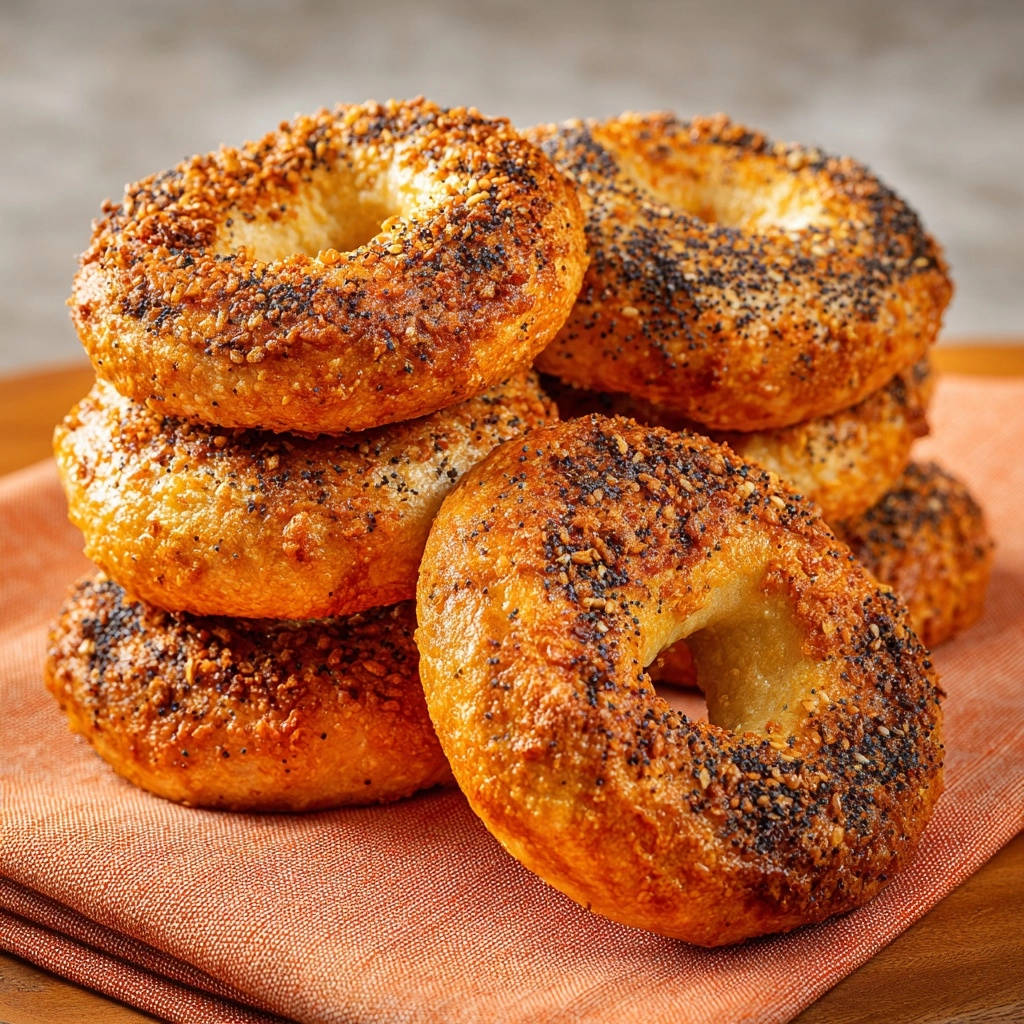 Ultimate Everything Bagels stacked in a close-up view, showcasing their textured toppings and golden-brown crust.