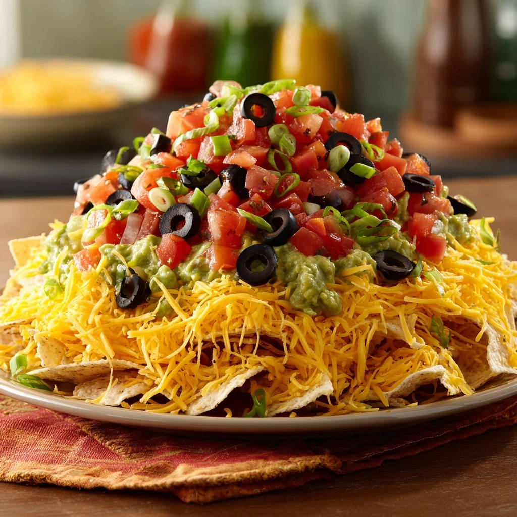 Ultimate Layered Taco Dip shown from a close-up angle, highlighting the fresh tomato, olive, and green onion topping.