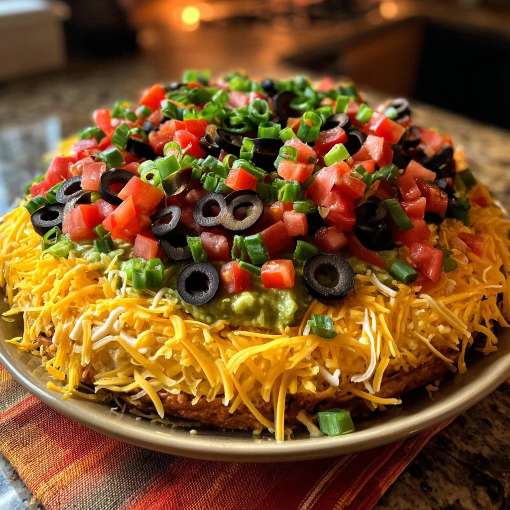 Ultimate Layered Taco Dip shown in a close-up view highlighting the fresh tomato, olive, and green onion topping.