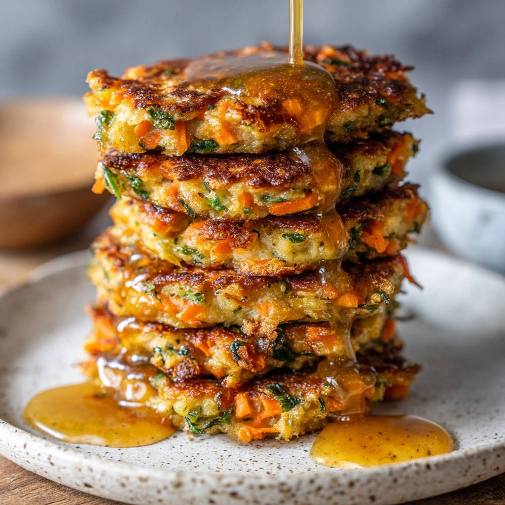 Crispy vegetable fritters stacked high with golden syrup being drizzled over the top.