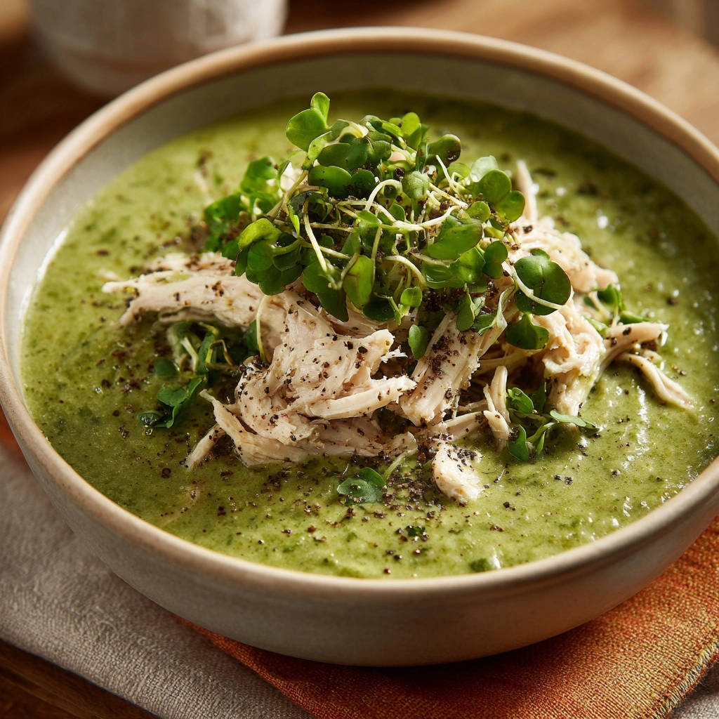 Vibrant green chicken soup featuring shredded chicken and fresh sprouts garnish in a close-up detail shot.