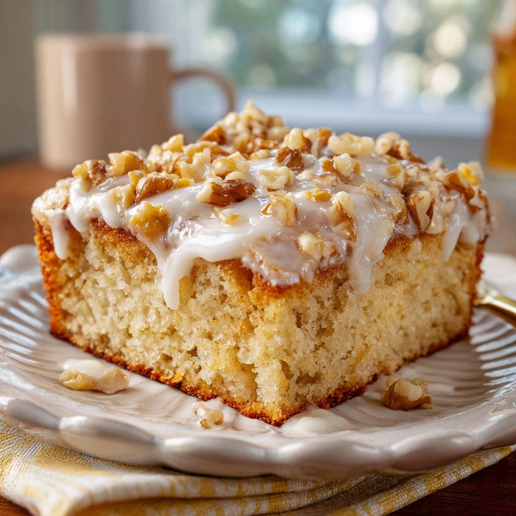 Classic Walnut Snack Cake with Glaze, a close-up slice showing fluffy interior and dripping white glaze with walnuts.