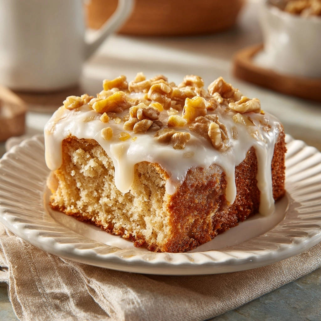 Classic walnut snack cake with glaze shown in a close-up cross-section, highlighting its fluffy texture.
