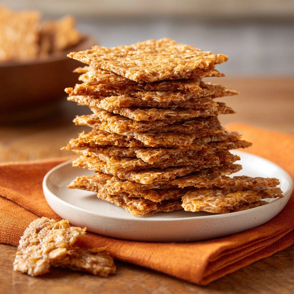Whole grain crackers, thin and crisp, stacked high on a white plate with an orange napkin.