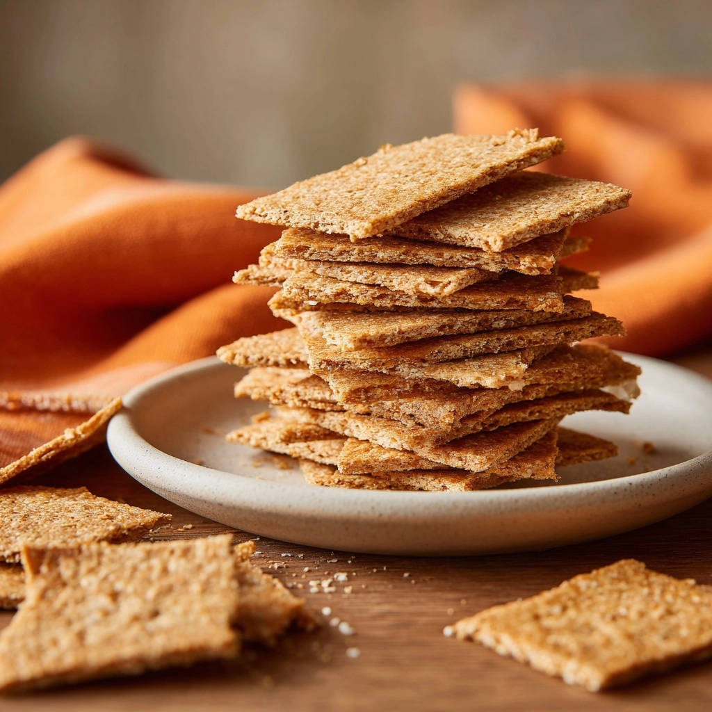 Whole grain crackers, thin and crisp, stacked high on a textured plate with an orange cloth in the background.