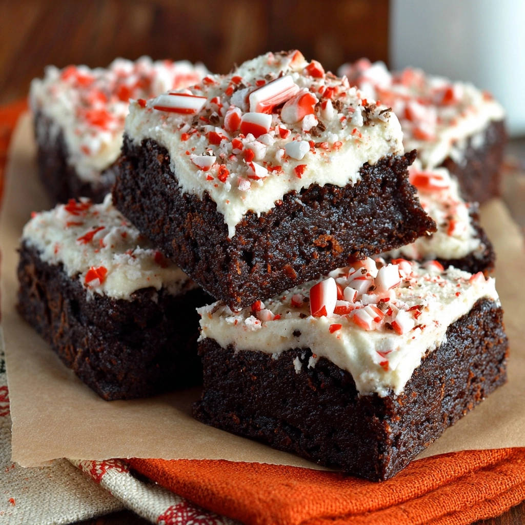 Winter peppermint fudge brownies topped with creamy frosting and crushed candy canes, a close-up of the festive garnish.