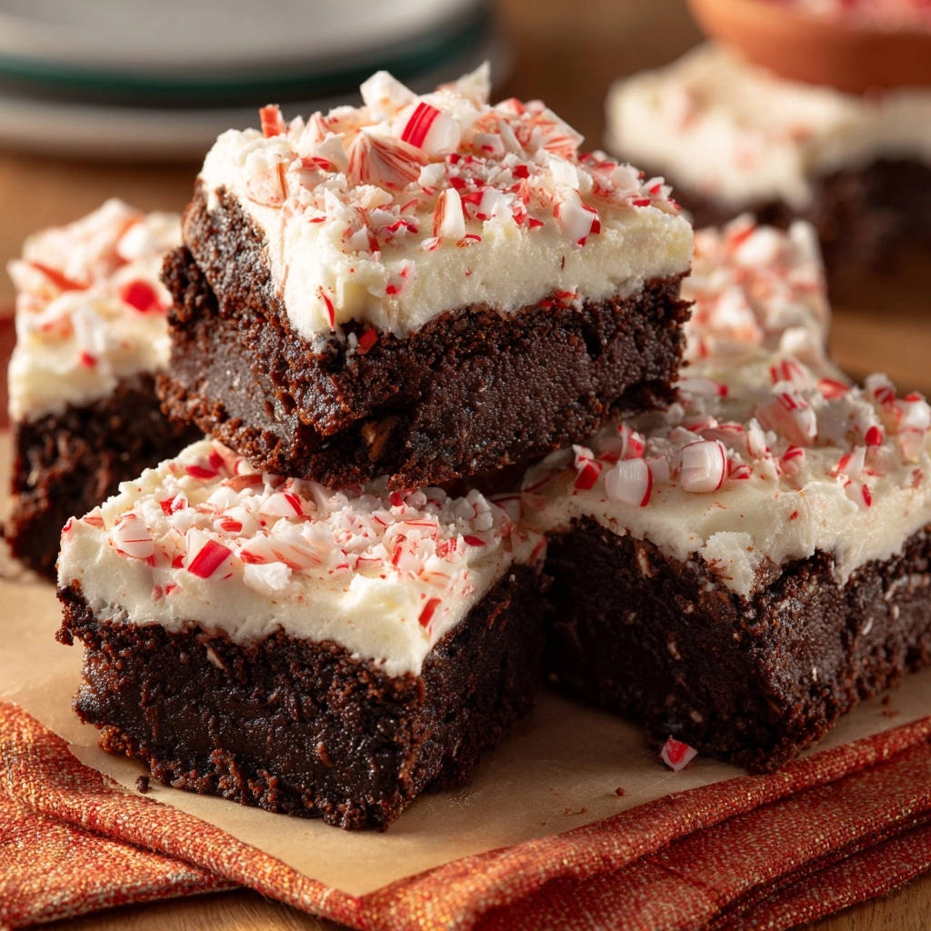 Winter peppermint fudge brownies stacked and topped with crushed candy canes and frosting, a close-up view.