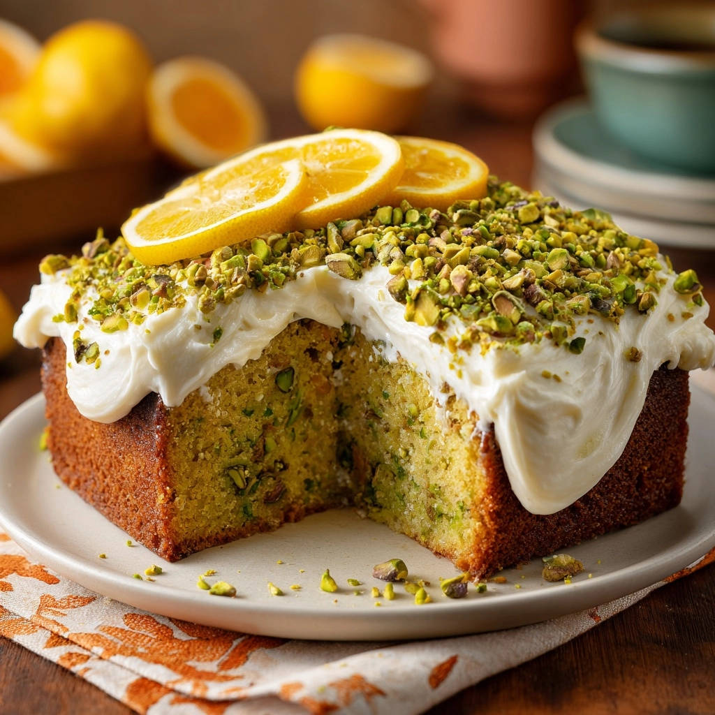 Zucchini pistachio lemon cake, a moist cross-section revealing pistachios and topped with cream cheese frosting and lemon slices.