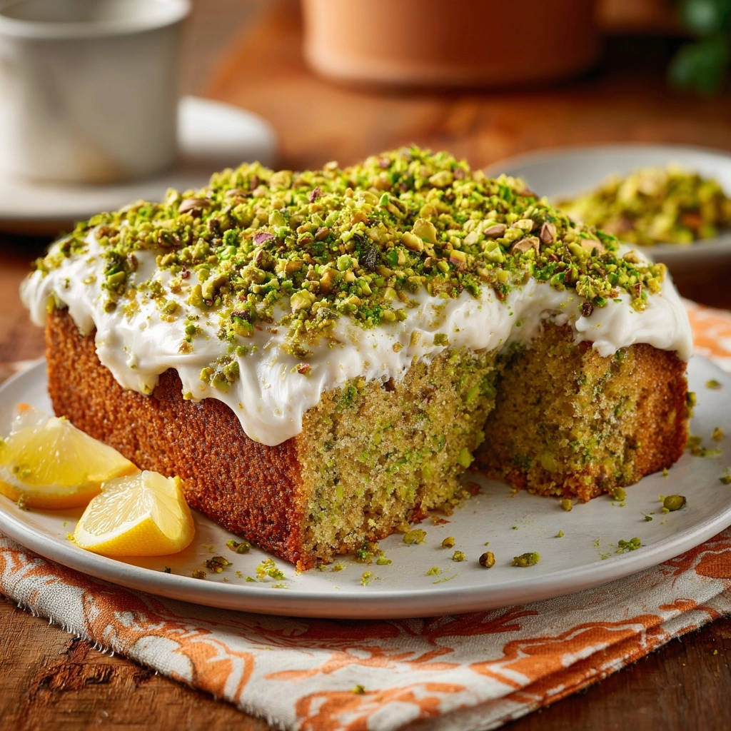 Zucchini pistachio lemon cake sliced to reveal a moist, tender cross-section topped with frosting and chopped pistachios.