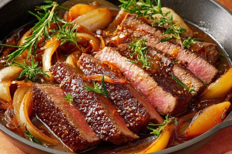 Cast Iron Ribeye with Rosemary Pearl Onions
