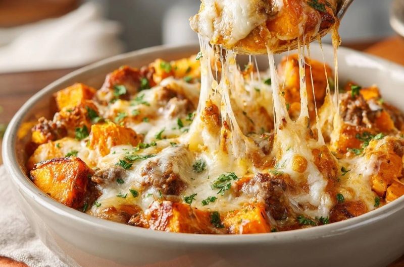 Cheesy Beef Sweet Potato Bake