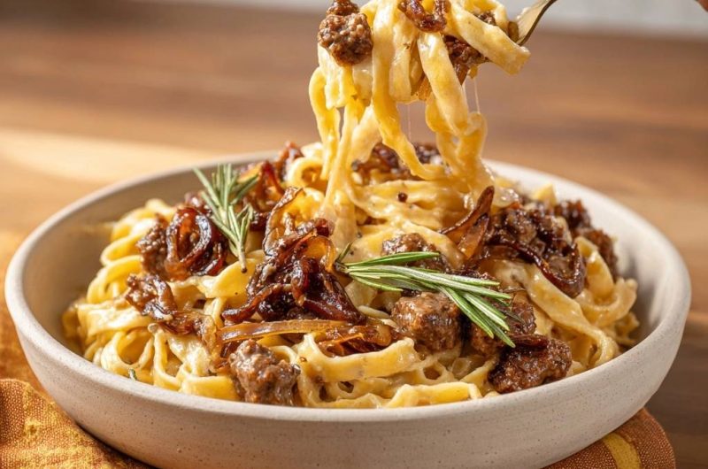 Creamy Beef and Caramelized Onion Pappardelle