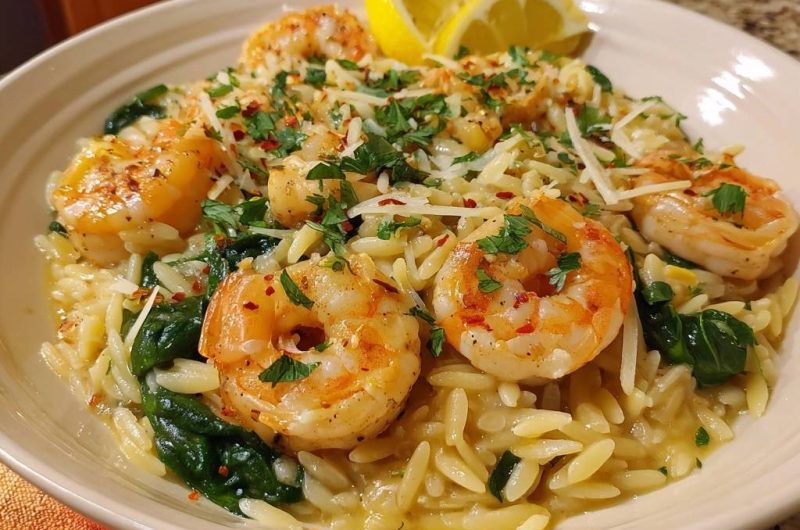 Creamy Lemon Shrimp Orzo with Spinach