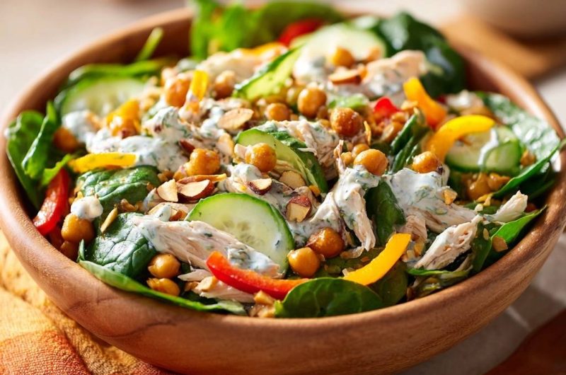 Juicy Chicken Chickpea Spinach Salad
