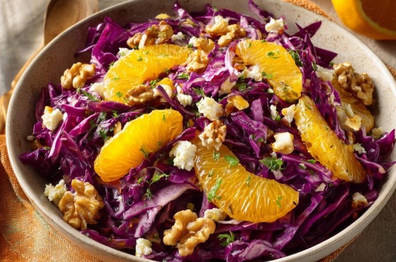 Orange Walnut Feta Red Cabbage Slaw
