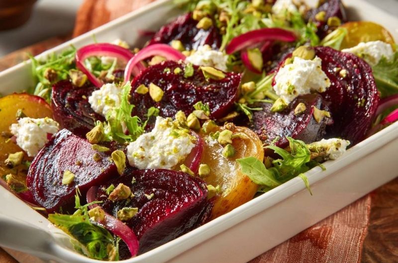 Roasted Beet Salad with Goat Cheese, Pistachios & Pickled Onions